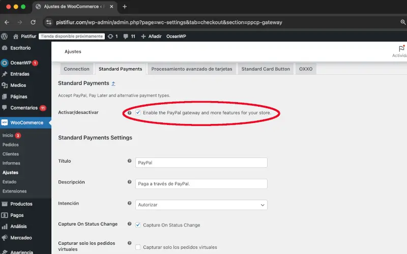 Habilitar pasarela en PayPal en Pagos en Ajustes en WooCommerce