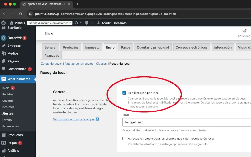 Habilitar recogida local en Envío en Ajustes en WooCommerce