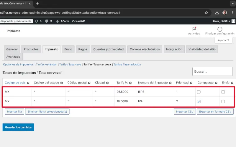 IEPS e IVA de Tasa cerveza en Impuestos en Ajustes en WooCommerce