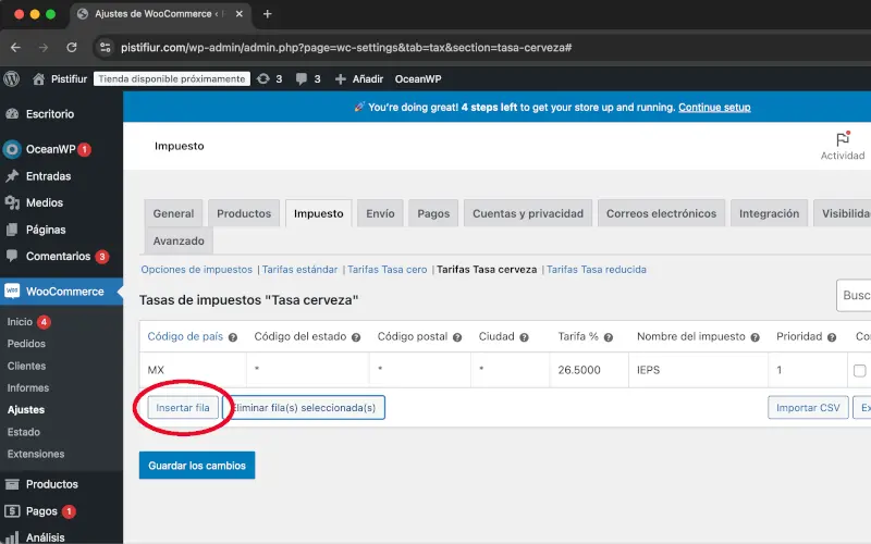 Insertar fila para IVA en Impuestos en Ajustes en WooCommerce