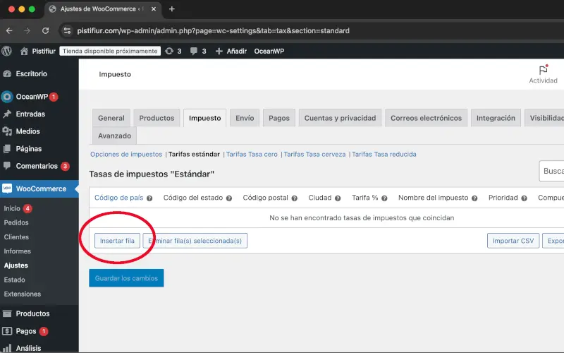 Insertar fila Tarifas estándar en Impuestos en Ajustes en WooCommerce