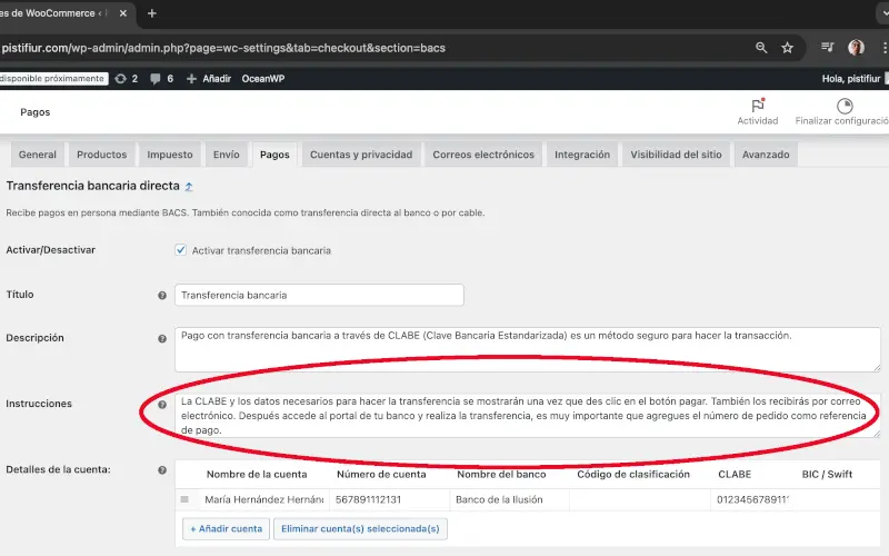 Instrucciones de trasferencia bancaria directa en Pagos en Ajustes en WooCommerce