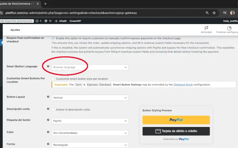 Lenguaje del botón inteligente en PayPal en Pagos en Ajustes en WooCommerce