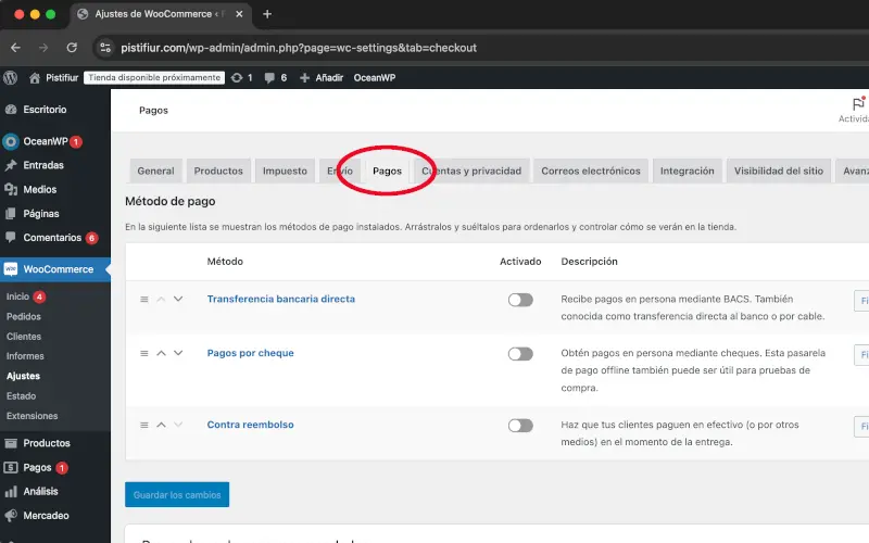 Menú horizontal de Pagos en Ajustes en WooCommerce