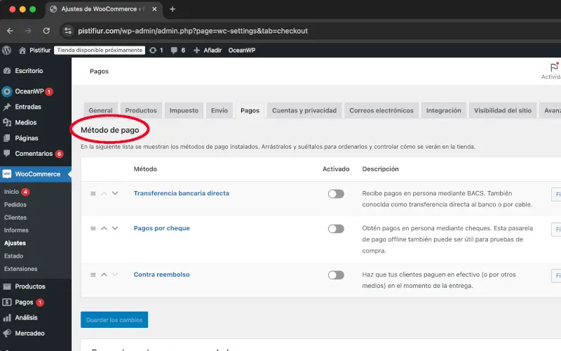 Métodos de pago en Pagos en Ajustes en WooCommerce