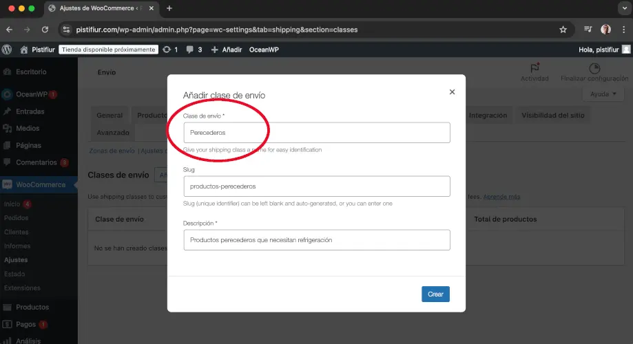 Nombre de Clase de envío en Envío en Ajustes en WooCommerce