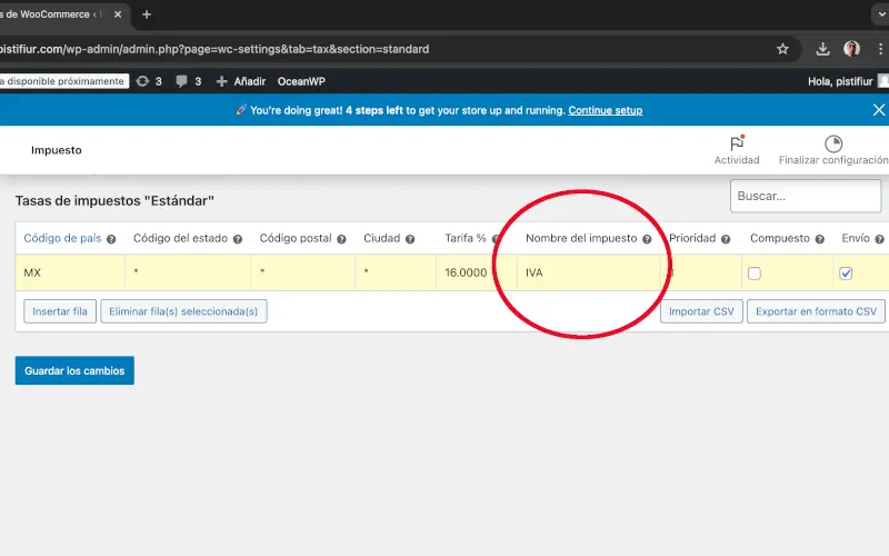 Nombre de impuesto en Impuestos en Ajustes en WooCommerce