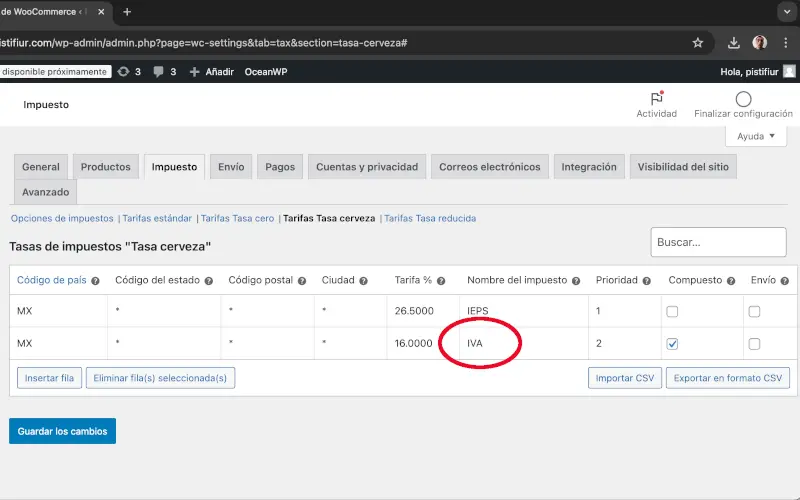 Nombre del impuesto para IVA en Impuestos en Ajustes en WooCommerce