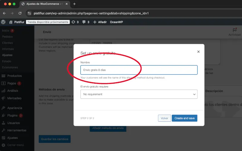 Nombre de envío gratuito en Envío en Ajustes en WooCommerce