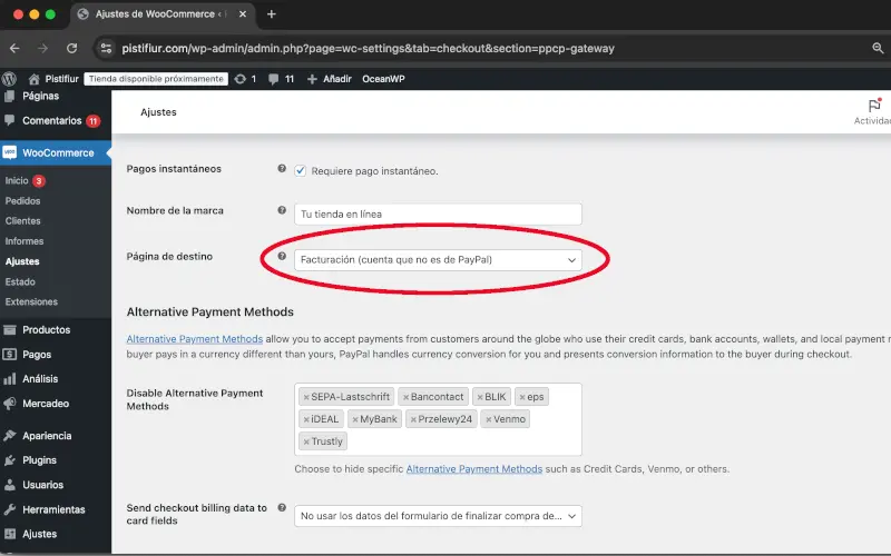 Página de destino en PayPal en Pagos en Ajustes en WooCommerce