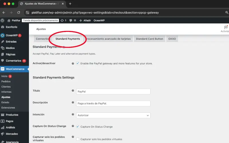 Pagos estándar en Paypal en Pagos en Ajustes en WooCommerce