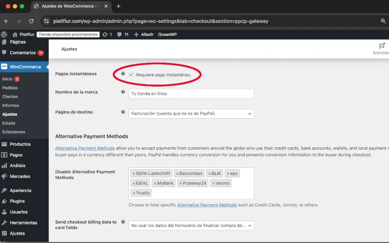 Pagos instantáneos en PayPal en Pagos en Ajustes en WooCommerce
