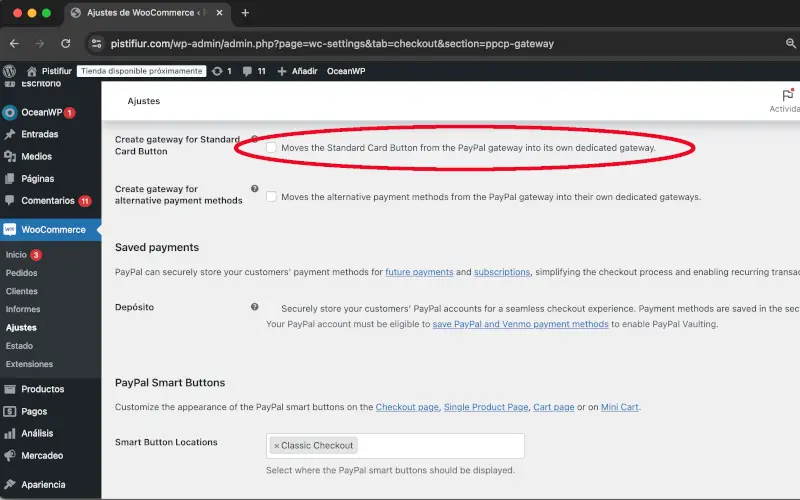 Pasarela para botón de tarjeta de crédito en PayPal en Pagos en Ajustes en WooCommerce