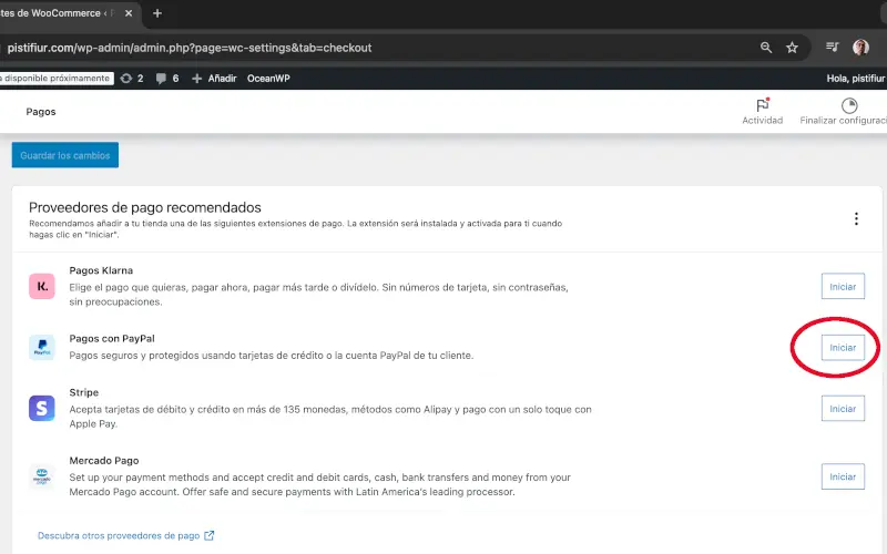 Iniciar configuración de PayPal en Pagos en Ajustes en WooCommerce