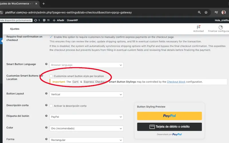 Personalizar botones inteligentes en PayPal en Pagos en Ajustes en WooCommerce
