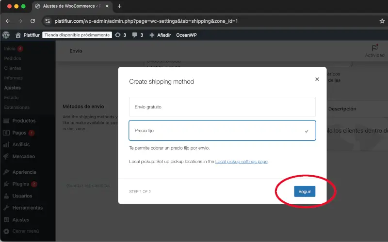 Precio fijo en Envío en Ajustes en WooCommerce
