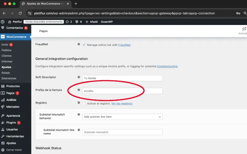 Prefijo de la factura en PayPal en Pagos en Ajustes en WooCommerce
