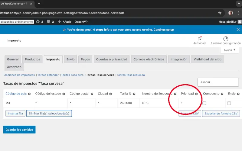 Prioridad para IEPS en Impuestos en Ajustes en WooCommerce
