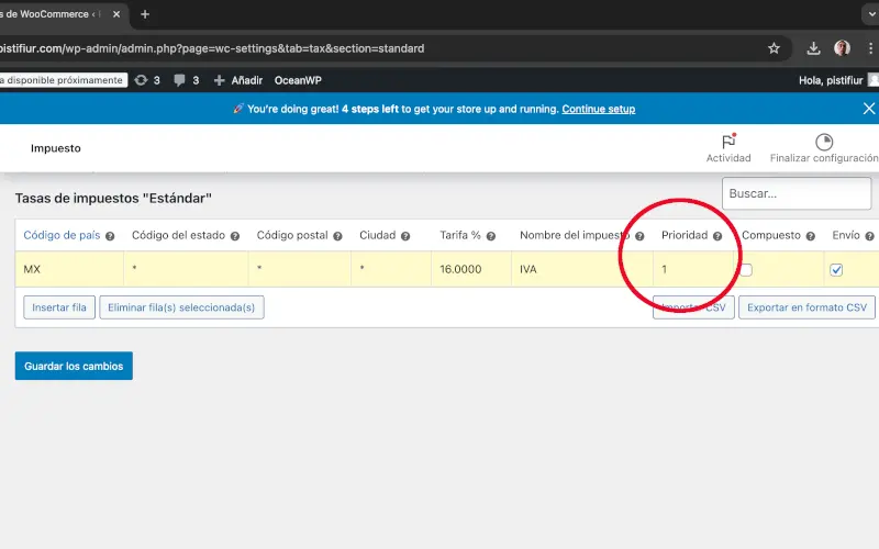 Prioridad en Impuestos en Ajustes en WooCommerce