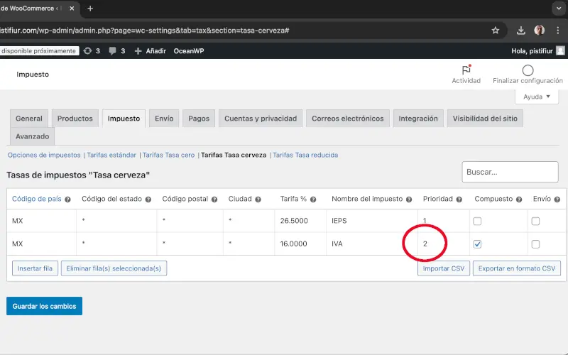 Prioridad para IVA en Impuestos en Ajustes en WooCommerce