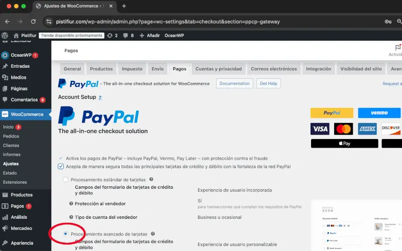 Procesamiento avanzado en PayPal en Pagos en Ajustes en WooCommerce