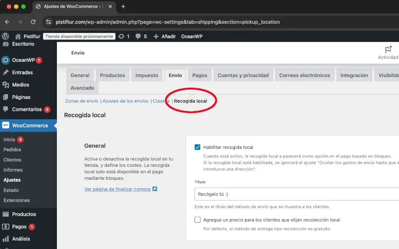 Recogida local en Envío en Ajustes en WooCommerce