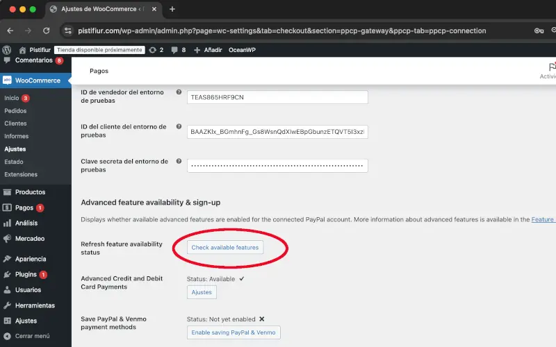 Refrescar disponibilidad en PayPal en Pagos en Ajustes en WooCommerce