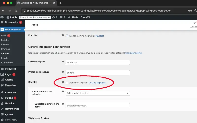 Registro en PayPal en Pagos en Ajustes en WooCommerce