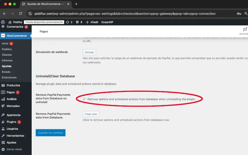 Remover los datos de pagos al desinstalar PayPal en Pagos en Ajustes en WooCommerce