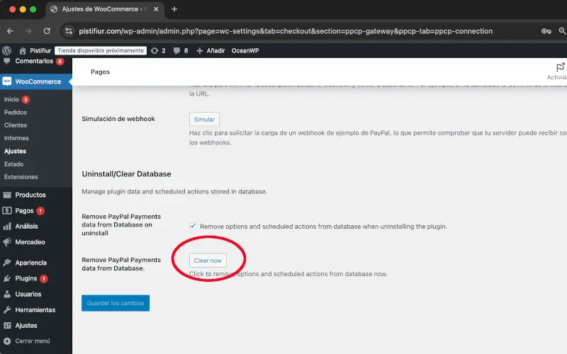 Remover los datos de pagos inmediatamente de PayPal en Pagos en Ajustes en WooCommerce