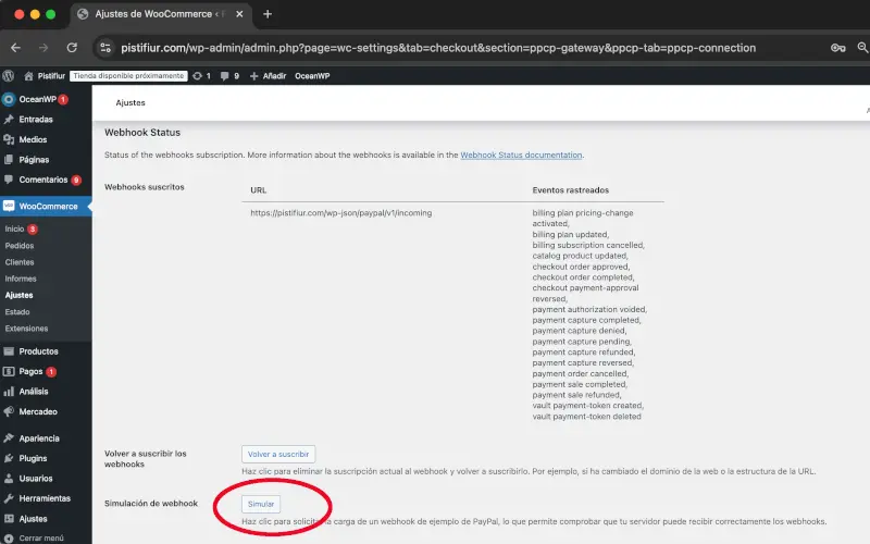 Simular webhooks en PayPal en Pagos en Ajustes en WooCommerce