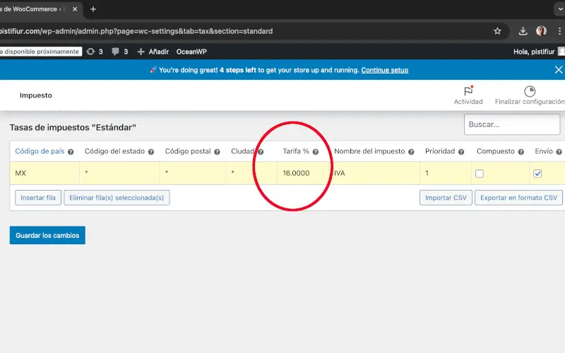 Tarifa en Impuestos en Ajustes en WooCommerce