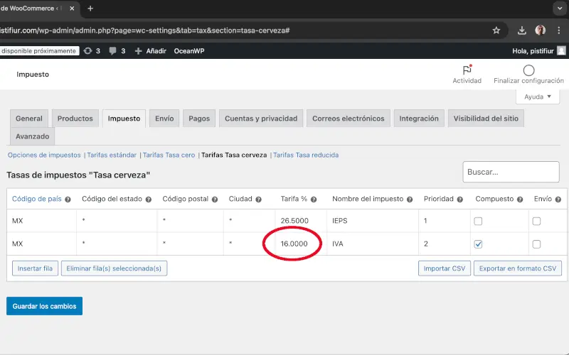Tarifa para IVA en Impuestos en Ajustes en WooCommerce