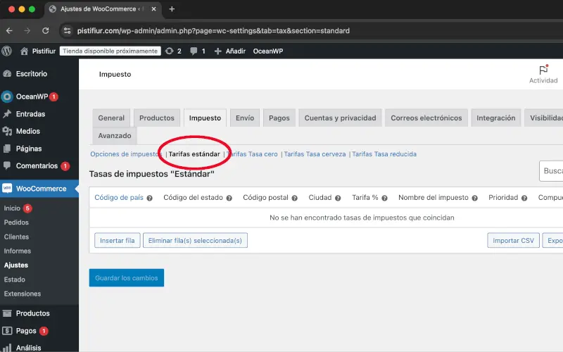Tarifas estándar en Impuestos en Ajustes en WooCommerce