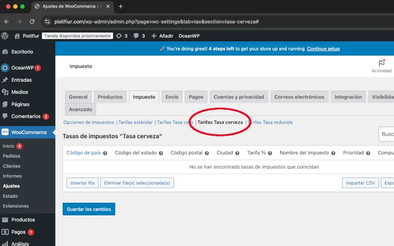 Tarifas Tasa cervezas en Impuestos en Ajustes en WooCommerce