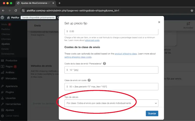 Tipo de cálculo en Envío en Ajustes en WooCommerce