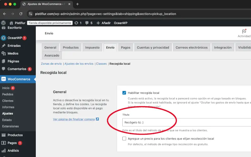 Título de recogida local en Envío en Ajustes en WooCommerce