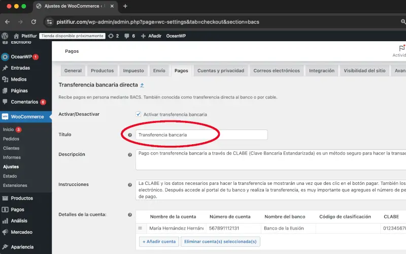 Título de trasferencia bancaria directa en Pagos en Ajustes en WooCommerce
