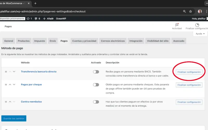 Transferencia bancaria directa en Pagos en Ajustes en WooCommerce