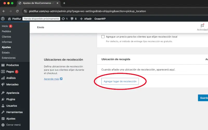 Ubicaciones de recolección en Envío en Ajustes en WooCommerce