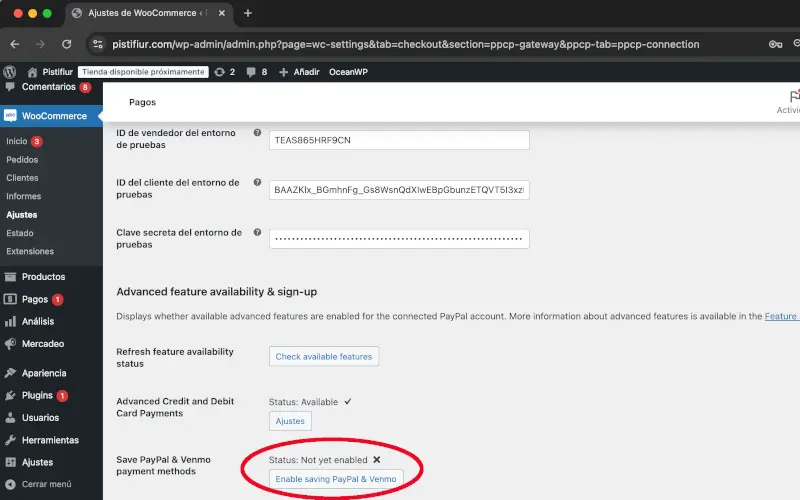 Venmo en PayPal en Pagos en Ajustes en WooCommerce