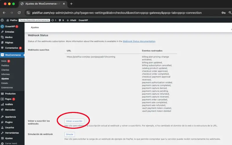 Webhooks en PayPal en Pagos en Ajustes en WooCommerce