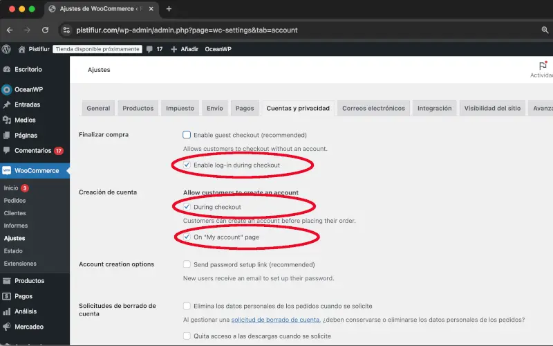 Crear y acceder a cuenta durante el pago y en Mi cuenta en Cuentas y privacidad en Ajustes en WooCommerce