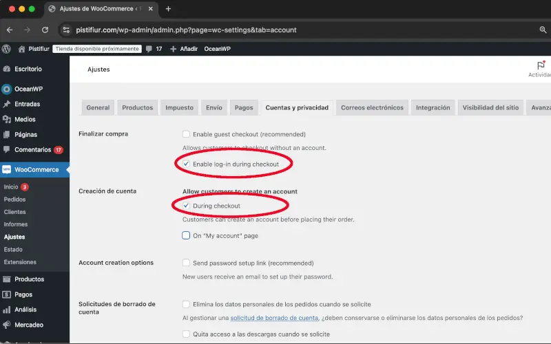 Acceder y crear cuenta durante el pago en Cuentas y privacidad en Ajustes en WooCommerce