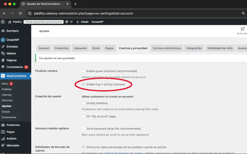 Acceder a cuenta durante el pago en Cuentas y privacidad en Ajustes en WooCommerce