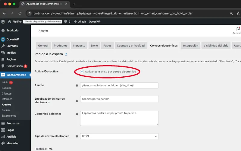 Activar aviso de Pedido en espera en Correos electrónicos en Ajustes en WooCommerce