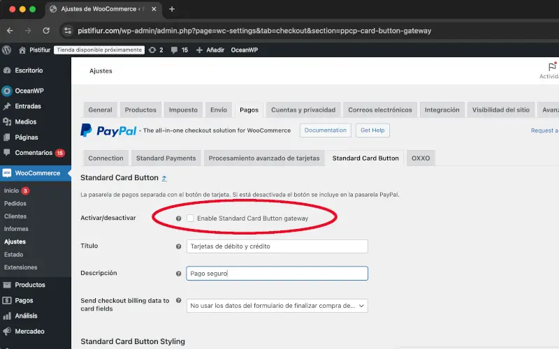 Activar botón de tarjetas estándar PayPal en Pagos en Ajustes en WooCommerce