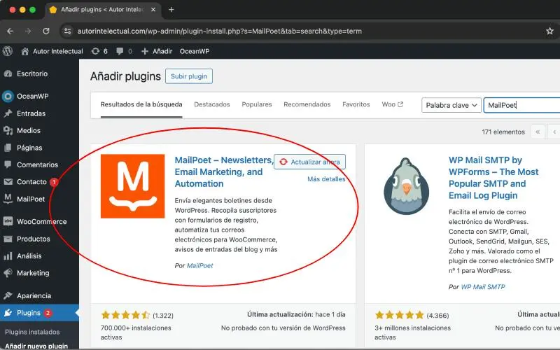 Activar e instalar plugin MailPoet en WordPress