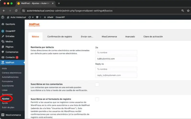 Ajustes en MailPoet en Correos electrónicos en Ajustes en WooCommerce