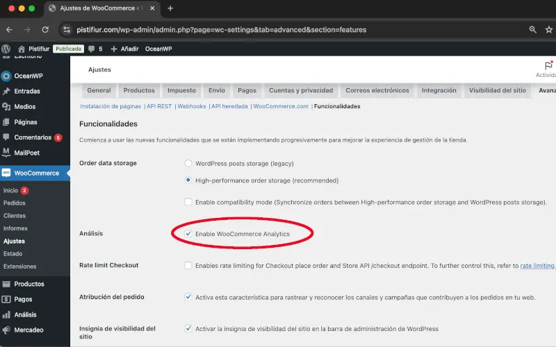 Análisis en Funcionalidades en Avanzado en Ajustes en WooCommerce